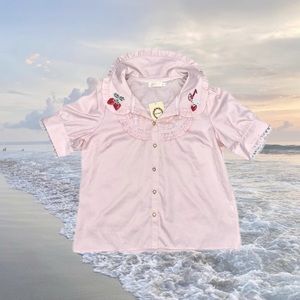 Y2k 2000s 00s Vintage 90s Cottage Soft Baby Pink Strawberry Blouse / Shirt Japan